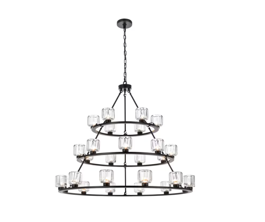 3-Tier Glass Cylinder Chandelier – Black Metal Finish